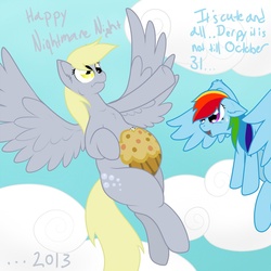 Size: 1280x1280 | Tagged: safe, artist:m-p-l, derpy hooves, rainbow dash, pegasus, pony, g4, costume, female, flying, mare, muffin, pregnant