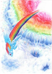 Size: 1652x2338 | Tagged: safe, artist:kerui8d, rainbow dash, pegasus, pony, g4, badass, epic, female, flying, long mane, mare, rainbow, solo, sonic rainboom, traditional art, trail
