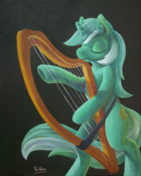 Size: 1297x1617 | Tagged: safe, artist:pa-kalsha, lyra heartstrings, pony, g4, bipedal, eyes closed, female, harp, musical instrument, playing, solo, traditional art