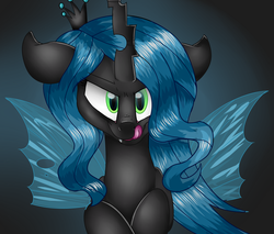 Size: 2350x2000 | Tagged: safe, artist:shyshyoctavia, queen chrysalis, changeling, changeling queen, g4, crown, female, floppy ears, jewelry, looking at you, regalia, smiling, solo, tongue out