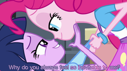 Size: 1280x720 | Tagged: safe, edit, edited screencap, screencap, pinkie pie, twilight sparkle, equestria girls, g4, caption, cards against equestria girls, female, image macro, lesbian, meme, out of context, ship:twinkie, shipping