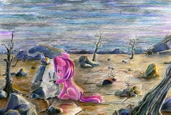 Size: 1500x1013 | Tagged: safe, artist:maytee, pinkie pie, earth pony, pony, g4, blank flank, dead tree, drawing, female, filly, outdoors, rock, rock farm, sad, sad face, sitting, solo, traditional art, tree, younger