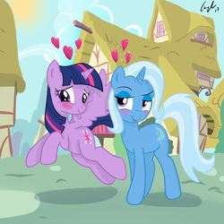 Size: 5000x5000 | Tagged: safe, artist:matimus91, trixie, twilight sparkle, alicorn, pony, g4, absurd resolution, blushing, female, heart, lesbian, mare, ship:twixie, shipping, show accurate, twilight sparkle (alicorn)