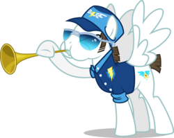 Size: 1024x816 | Tagged: safe, artist:chainchomp2, fast clip, manerick, pegasus, pony, g4, .svg available, bugle mistaken for a trumpet, cap, clothes, hat, male, musical instrument, shirt, simple background, solo, stallion, sunglasses, transparent background, trumpet, uniform, vector