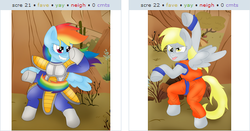 Size: 519x272 | Tagged: safe, derpy hooves, rainbow dash, pegasus, pony, derpibooru, g4, crossover, dragon ball, dragon ball z, exploitable meme, female, juxtaposition, juxtaposition win, mare, meme, meta, son goku, vegeta