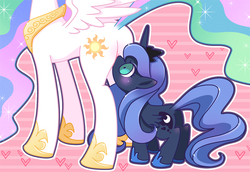 Size: 1000x689 | Tagged: safe, artist:chinpui, princess celestia, princess luna, alicorn, pony, g4, abstract background, blushing, butt, cute, dock, ear blush, female, filly, head out of frame, heart, horses doing horse things, lunabetes, mare, pixiv, plot, shrunken pupils, sniffing, spread wings, wide eyes, wings, woona, younger