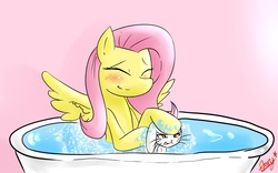 Size: 1280x800 | Tagged: safe, artist:starykrow, angel bunny, fluttershy, g4, bath, bubble, washing, water