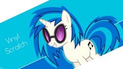 Size: 1920x1080 | Tagged: safe, artist:omniscient-duck, dj pon-3, vinyl scratch, pony, unicorn, g4, abstract background, cutie mark, female, glasses, horn, mare, smiling, solo, sunglasses, teeth, text, vector, wallpaper