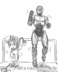 Size: 680x850 | Tagged: safe, artist:johnjoseco, sweetie belle, human, g4, crossover, dance dance revolution, grayscale, monochrome, rhythm game, robocop, wat