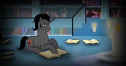 Size: 639x334 | Tagged: safe, king sombra, pony, unicorn, a tale of one shadow, g4, book, candle, crystal empire, library, male, reading, solo, sombra's cutie mark, studying