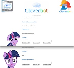 Size: 1008x935 | Tagged: safe, twilight sparkle, g4, cleverbot, comic, confused, cute, cutest pony, female, lies, meme, reaction, shocked, surprised, text, wat