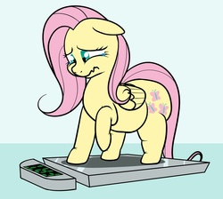 Size: 1121x1006 | Tagged: safe, artist:calorie, fluttershy, pegasus, pony, g4, crying, fat, fattershy, female, mare, raised hoof, sad, scale, solo, standing, weighing, weight gain, weight woe