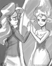 Size: 680x850 | Tagged: safe, artist:johnjoseco, sunset shimmer, equestria girls, g4, duality, duo, grayscale, monochrome, reflection, sad, sunset satan