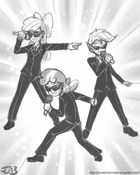 Size: 680x850 | Tagged: safe, artist:johnjoseco, apple bloom, scootaloo, sweetie belle, human, g4, clothes, crossover, cutie mark crusaders, elite beat agents, grayscale, humanized, microphone, monochrome, rhythm game, suit, sunglasses