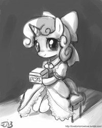 Size: 680x850 | Tagged: safe, artist:johnjoseco, sweetie belle, g4, box, clothes, cute, diasweetes, dress, female, grayscale, hoof hold, looking at you, monochrome, sitting, smiling, solo