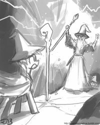 Size: 680x850 | Tagged: safe, artist:johnjoseco, twilight sparkle, crab pony, human, g4, crossover, gandalf, grayscale, lord of the rings, monochrome, wizard, you shall not pass