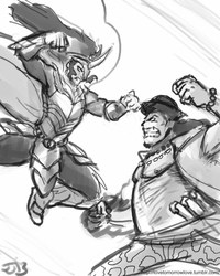 Size: 680x850 | Tagged: safe, artist:johnjoseco, king sombra, human, g4, blackbeard, crossover, fight, grayscale, humanized, marshall d. teach, monochrome, one piece
