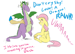 Size: 1048x756 | Tagged: safe, artist:cartoonlion, artist:tommymocacci, fluttershy, rainbow dash, oc, oc:futashy, dragon, human, g4, colored, crying, dialogue, filly, humanized, intersex, text, younger