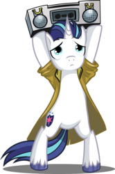 Size: 4360x6559 | Tagged: safe, artist:gray-gold, idw, shining armor, pony, unicorn, g4, neigh anything, absurd resolution, bipedal, boombox, boombox serenade, clothes, male, movie reference, say anything, serenade, simple background, solo, stallion, standing, transparent background, trenchcoat, vector