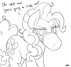 Size: 3400x3200 | Tagged: safe, artist:surgicalarts, pinkie pie, earth pony, pony, g4, annoyed, dialogue, explicit source, feed bag, female, floppy ears, fluffy, glare, horses doing horse things, lineart, looking at you, monochrome, pinkie pie is not amused, simple background, solo, unamused, white background