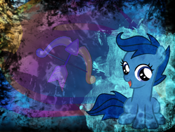 Size: 1024x768 | Tagged: safe, artist:myoom, archer (g4), scootablue, g4, abstract background, cutie mark, female, filly, foal, solo, wallpaper