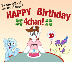 Size: 1752x1518 | Tagged: safe, artist:sketchymouse, alula, pluto, princess erroria, oc, oc:tracy cage, g4, /mlp/, 4chan, 4chan party hat, cake, moot, ponified