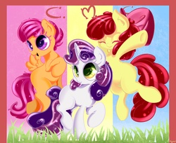 Size: 3680x3000 | Tagged: safe, artist:carligercarl, apple bloom, scootaloo, sweetie belle, earth pony, pegasus, pony, unicorn, g4, abstract background, apple bloom's bow, blank flank, bow, cutie mark crusaders, eyes closed, female, filly, foal, grass, hair bow, open mouth, raised hoof