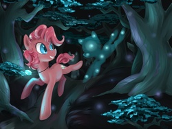 Size: 1800x1350 | Tagged: safe, artist:foxda, pinkie pie, earth pony, ghost, ghost pony, pony, g4, amulet, foal, forest, glowing, jewelry, night, pendant, smiling