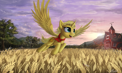 Size: 5000x3000 | Tagged: safe, artist:yakovlev-vad, oc, oc only, oc:ticket, alicorn, pony, alicorn oc, barn, cottagecore, field, flying, high res, solo, spread wings, wheat, wings