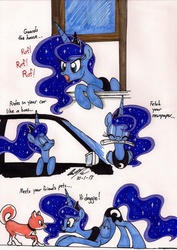 Size: 1280x1811 | Tagged: safe, artist:newyorkx3, princess luna, alicorn, dog, pony, g4, :t, behaving like a dog, car, cute, doggy luna, eye contact, eyes closed, face down ass up, female, glare, leaning, like a boss, looking at each other, lunabetes, mare, newspaper, open mouth, pet, silly, silly pony, simple background, smiling, traditional art, white background