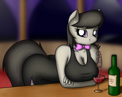 Size: 2560x2048 | Tagged: safe, artist:devs-iratvs, octavia melody, anthro, g4, big breasts, black dress, breasts, busty octavia melody, cleavage, clothes, curvy, dress, female, little black dress, side slit, solo, straw, wine