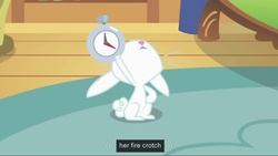 Size: 1023x576 | Tagged: safe, screencap, angel bunny, rabbit, a bird in the hoof, g4, season 1, animal, male, meme, pocket watch, solo, stopwatch, watch, youtube caption