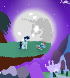 Size: 1024x1139 | Tagged: safe, artist:monnarcha, rainbow dash, soarin', g4, canterlot, female, male, mare in the moon, moon, ship:soarindash, shipping, straight