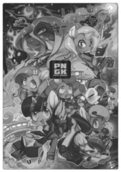 Size: 1731x2457 | Tagged: safe, artist:rikose, applejack, bon bon, fluttershy, lyra heartstrings, pinkie pie, princess celestia, princess luna, queen chrysalis, rainbow dash, rarity, sweetie drops, trixie, twilight sparkle, alicorn, pony, g4, female, mane six, mare, monochrome, pngk poni-gaku!, twilight sparkle (alicorn)