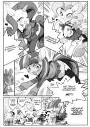 Size: 1052x1474 | Tagged: safe, artist:rikose, applejack, fluttershy, pinkie pie, rainbow dash, rarity, spike, twilight sparkle, g4, comic, doujin, mane seven, mane six, manga, monochrome, nosebleed, pngk poni-gaku!, shamefur dispray, traslation:atticon