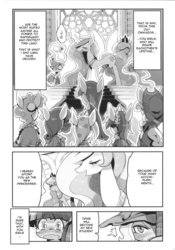 Size: 1038x1480 | Tagged: safe, artist:rikose, applejack, fluttershy, pinkie pie, princess celestia, princess luna, rainbow dash, rarity, raven, twilight sparkle, g4, comic, mane six, monochrome, pngk poni-gaku!, traslation:atticon