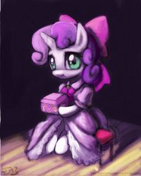 Size: 708x885 | Tagged: safe, artist:grissaecrim, artist:johnjoseco, sweetie belle, pony, unicorn, g4, bow, box, clothes, cute, diasweetes, dress, female, filly, foal, hair bow, hoof hold, horn, looking at you, sitting, smiling, smiling at you, solo, stool