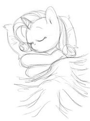 Size: 418x560 | Tagged: safe, artist:carnifex, rarity, pony, unicorn, g4, bed, cute, eyes closed, female, monochrome, on side, simple background, sketch, sleeping, smiling, solo, white background