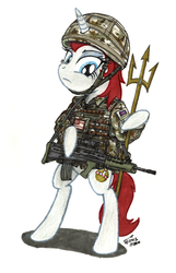 Size: 1213x1889 | Tagged: safe, artist:buckweiser, oc, oc only, oc:britannia, pony, bipedal, britain, british, clothes, gun, holy hand grenade of antioch, mascot, military, rifle, sa80, solo, traditional art, trident, weapon