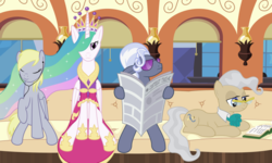 Size: 1153x692 | Tagged: safe, artist:arvaus, derpy hooves, hoity toity, mayor mare, princess celestia, alicorn, earth pony, pegasus, pony, g4, book, canterlot times, clothes, coronation dress, couch, crown, cute, cutelestia, cutoity, depressed, depressedia, depression, derpabetes, dress, earbuds, female, glasses, jewelry, mare, mayorbetes, newspaper, parody, reading, regalia, sad, sitting, sunglasses, train, vehicle