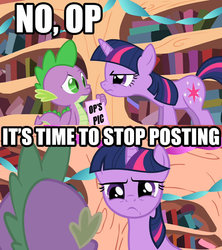 Size: 640x720 | Tagged: safe, spike, twilight sparkle, g4, book, comic, golden oaks library, image macro, it's time to stop posting, op, paper, picture, reaction image, unamused