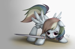 Size: 2600x1700 | Tagged: safe, artist:eternyan, rainbow dash, g4, action pose, badass, dagger, female, floppy ears, glare, looking at you, mouth hold, solo, spread wings, sword, weapon