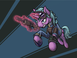 Size: 1981x1501 | Tagged: safe, artist:kalemon, oc, oc only, oc:coin slot, pony, unicorn, fallout equestria, fallout equestria: morality of property, clothes, fanfic art, female, goggles, gun, jumpsuit, magic, mare, solo, telekinesis, vault suit