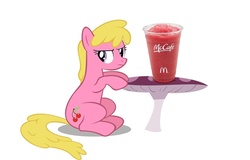 Size: 800x512 | Tagged: safe, cherry berry, g4, cup, drink, female, mcdonald's, mushroom, pun, sitting, slushie, solo, table, visual pun