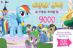 Size: 749x496 | Tagged: safe, screencap, derpy hooves, doctor whooves, emerald beacon, masquerade, orion, perfect pace, rainbow dash, shooting star (character), spike, star gazer, time turner, earth pony, pegasus, pony, g4, bowtie, equestrivia challenge, female, game, hubworld, male, mare, medal, stallion, text, the master