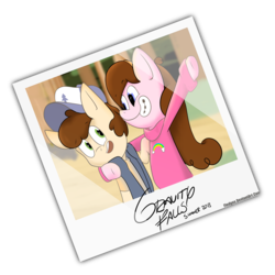 Size: 5500x5500 | Tagged: safe, artist:php120, absurd resolution, braces, clothes, dipper pines, gravity falls, happy, hat, mabel pines, male, photo, picture, polaroid, ponified, siblings, smiling