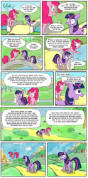 Size: 750x1515 | Tagged: safe, artist:foudubulbe, pinkie pie, twilight sparkle, earth pony, pony, unicorn, g4, balancing, bouncing, breaking the fourth wall, bridge, butt, checkmate, comic, control, dialogue, discussing, duo, english, existential crisis, existentialism, female, floppy ears, fourth wall, gritted teeth, happy, hopping, humor, looking at you, looking back, looking back at you, mare, mind blown, misspelling, music notes, outdoors, philosophy, plot, pronking, river, scared, singing, smiling, speech bubble, standing, talking, text, this will end in science, twilight snapple, walking, water, we're all doomed, worried