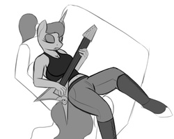 Size: 785x629 | Tagged: safe, artist:devs-iratvs, princess luna, anthro, unguligrade anthro, g4, belly button, breasts, busty princess luna, cleavage, clothes, couch, female, grayscale, guitar, hooves, monochrome, solo, wip
