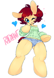Size: 840x1200 | Tagged: safe, artist:slugbox, oc, oc only, oc:raidiant, anthro, semi-anthro, anthro oc, arm hooves, bipedal, clothes, daisy dukes, off shoulder, off shoulder sweater, solo, sweater