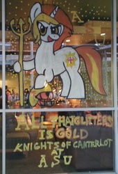 Size: 1280x1879 | Tagged: safe, oc, oc only, pony, unicorn, arizona state university, irl, mascot, photo, street art, traditional art, window